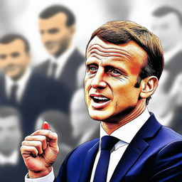 A high-quality digital art piece depicting Emmanuel Macron, the President of France, in a formal suit, passionately delivering a speech