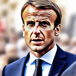 A high-quality digital art piece depicting Emmanuel Macron, the President of France, in a formal suit, passionately delivering a speech