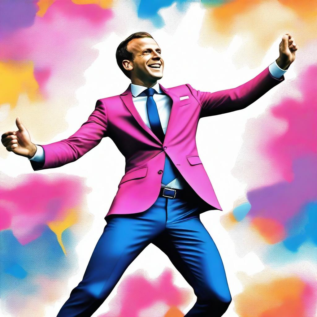 This is a vibrant digital art piece showcasing Emmanuel Macron, the French President, in a lively dance pose