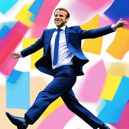 This is a vibrant digital art piece showcasing Emmanuel Macron, the French President, in a lively dance pose