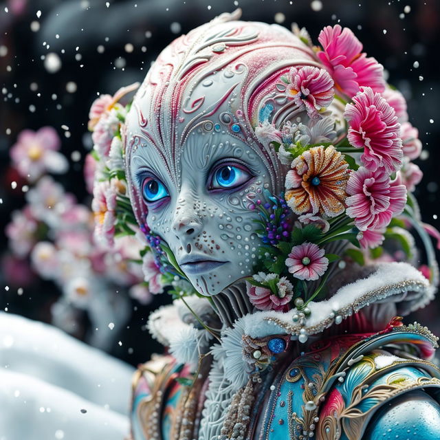 Hyper-realistic 3D Rococo-inspired photograph featuring an alien adorned with vibrant flowers against a snowy landscape.