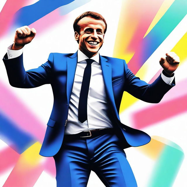 This is a vibrant digital art piece showcasing Emmanuel Macron, the French President, in a lively dance pose