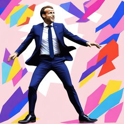 This is a vibrant digital art piece showcasing Emmanuel Macron, the French President, in a lively dance pose