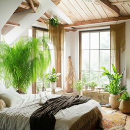 Cozy bedroom interior with natural light pouring from large windows, bohemian style decor, and lush indoor plants.