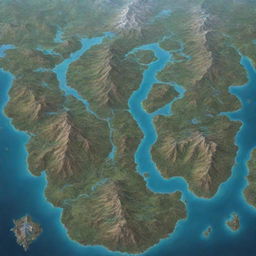 A detailed map of a fantasy world seen from above, showcasing mountains, valleys, rivers, and lakes dispersed across four unique continents.