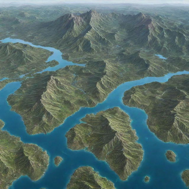 A detailed map of a fantasy world seen from above, showcasing mountains, valleys, rivers, and lakes dispersed across four unique continents.