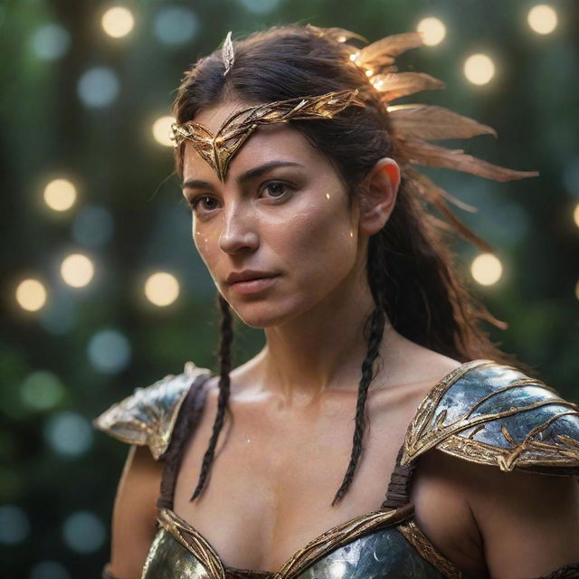 An ultra-detailed, photorealistic image of an Amazon warrior bathed in enchanting fairy lighting, with a HDR effect. The aspect ratio should be 9:16.