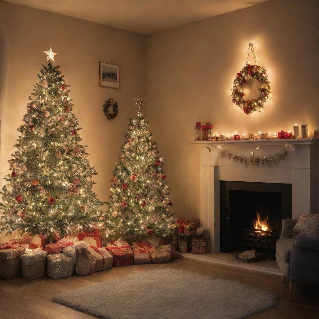 A cosy room adorned with Christmas decorations including a beautifully illuminated Christmas tree, stockings hung by the fireplace, and twinkling fairy lights casting a warm glow all around.