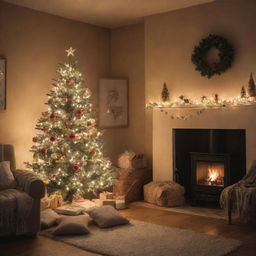 A cosy room adorned with Christmas decorations including a beautifully illuminated Christmas tree, stockings hung by the fireplace, and twinkling fairy lights casting a warm glow all around.