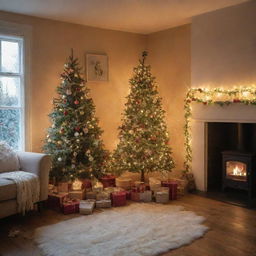 A cosy room adorned with Christmas decorations including a beautifully illuminated Christmas tree, stockings hung by the fireplace, and twinkling fairy lights casting a warm glow all around.