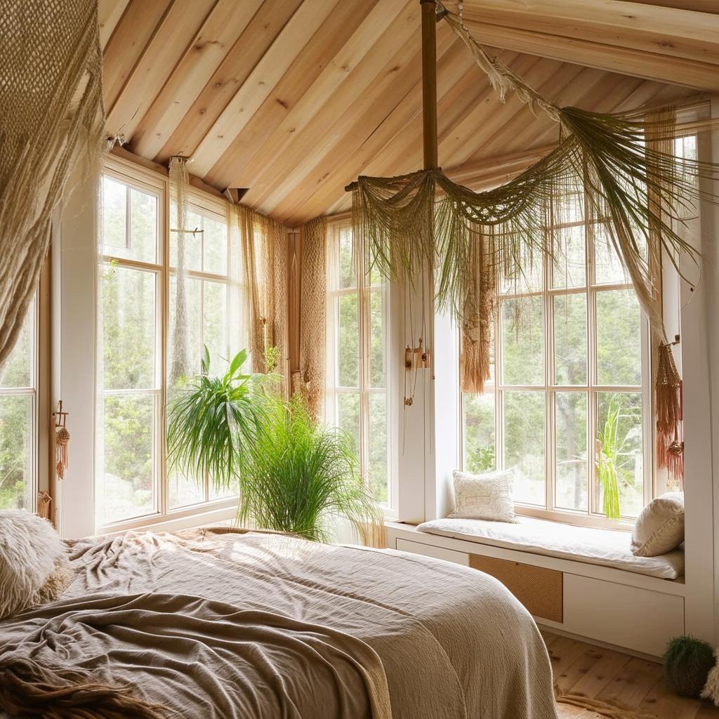 Cozy bedroom interior with natural light pouring from large windows, bohemian style decor, and lush indoor plants.