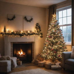 A cosy room adorned with Christmas decorations including a beautifully illuminated Christmas tree, stockings hung by the fireplace, and twinkling fairy lights casting a warm glow all around.