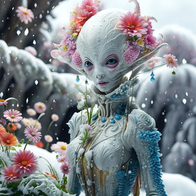 Hyper-realistic 3D Rococo-inspired photograph featuring an alien adorned with vibrant flowers in a snowy landscape, viewed from a distance.