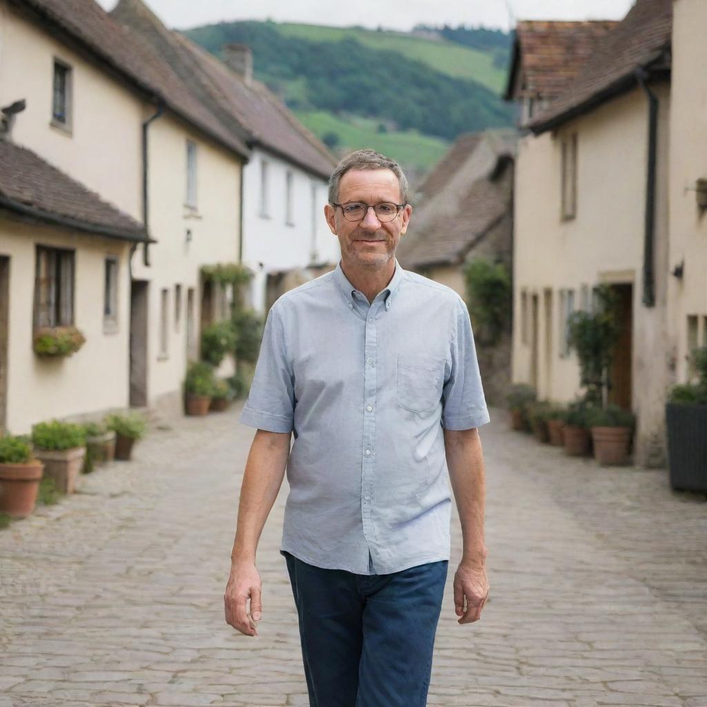 A middle-aged man with spectacles taking a leisurely stroll through a quaint, charming village.