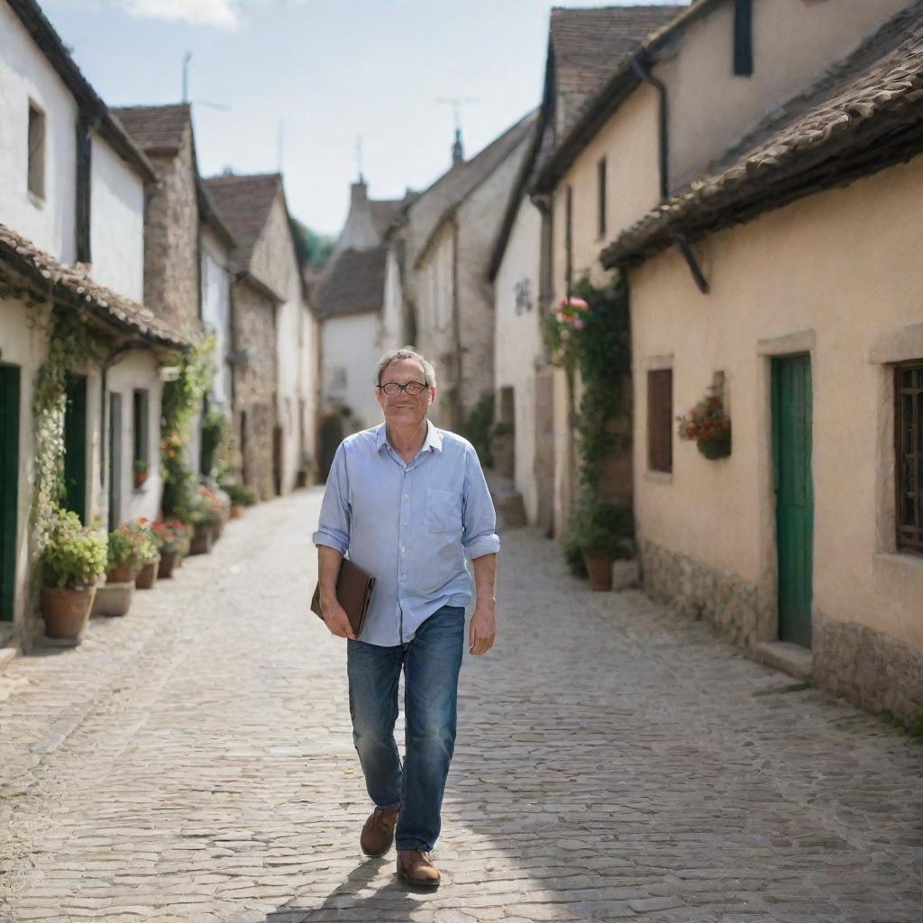 A middle-aged man with spectacles taking a leisurely stroll through a quaint, charming village.