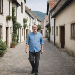 A middle-aged man with spectacles taking a leisurely stroll through a quaint, charming village.