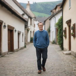 A middle-aged man with spectacles taking a leisurely stroll through a quaint, charming village.