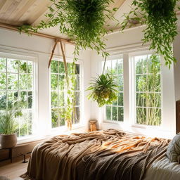 Cozy bedroom interior with natural light pouring from large windows, bohemian style decor, and lush indoor plants.