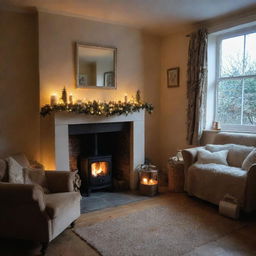 The cosy room now devoid of Christmas tree but retaining the festive charm with stockings hung by the fireplace and twinkling fairy lights.