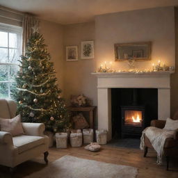 The cosy room now devoid of Christmas tree but retaining the festive charm with stockings hung by the fireplace and twinkling fairy lights.