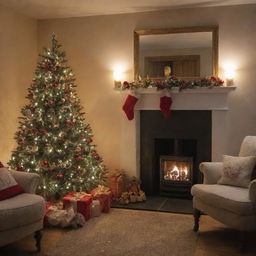 The cosy room now devoid of Christmas tree but retaining the festive charm with stockings hung by the fireplace and twinkling fairy lights.