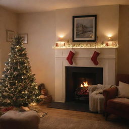 The cosy room now devoid of Christmas tree but retaining the festive charm with stockings hung by the fireplace and twinkling fairy lights.