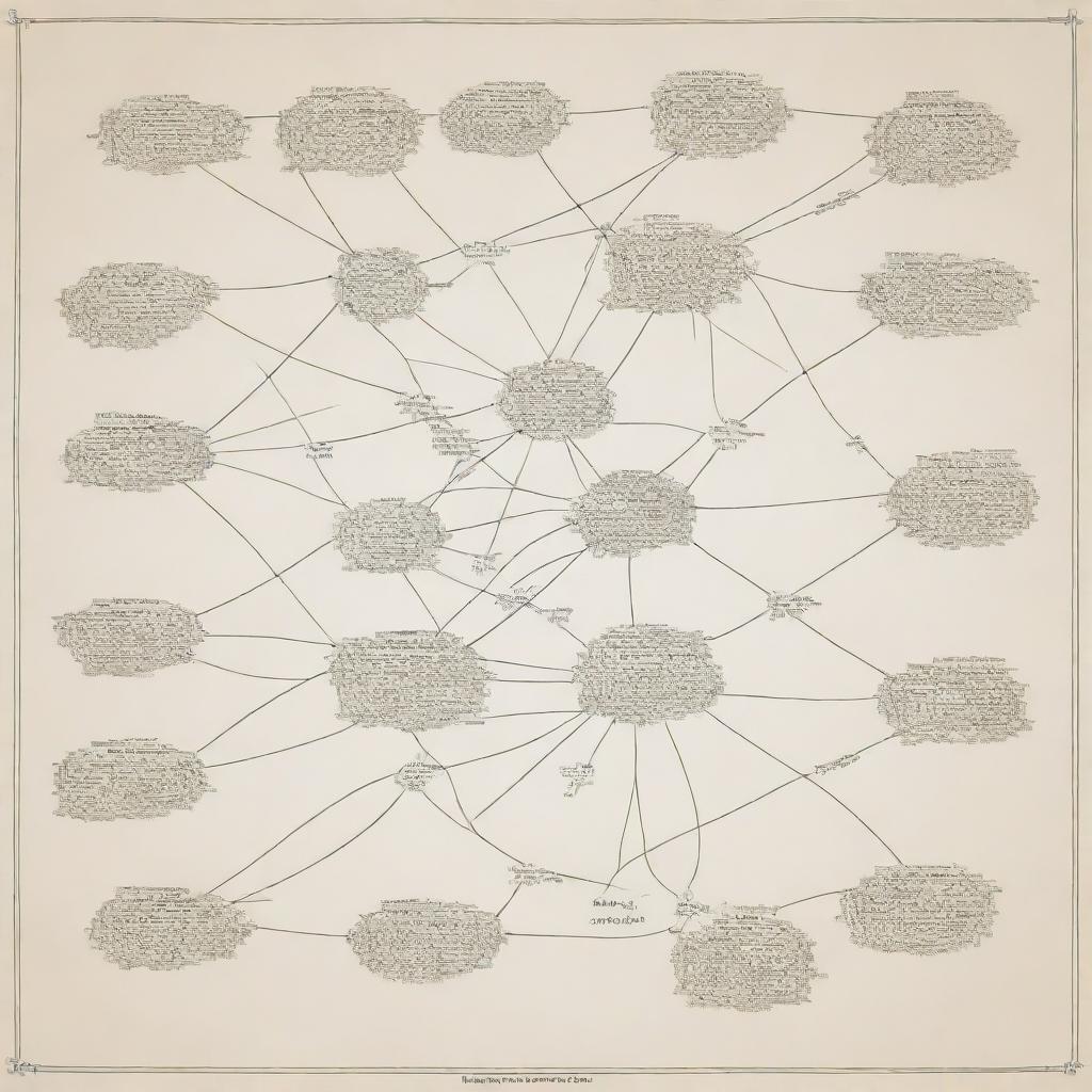 An intricate concept map with various interconnected nodes, representing ideas and their relationships.