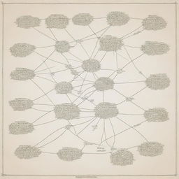 An intricate concept map with various interconnected nodes, representing ideas and their relationships.