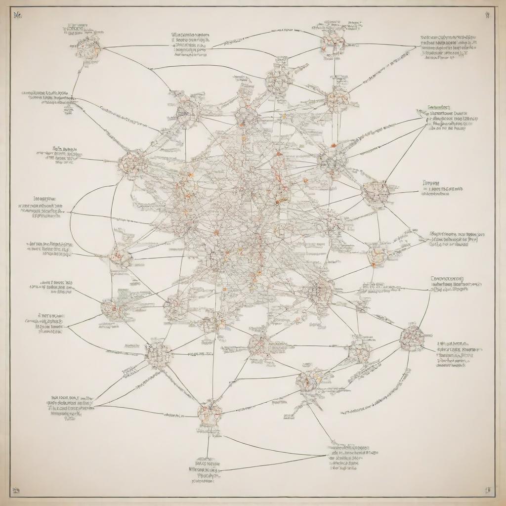 An intricate concept map with various interconnected nodes, representing ideas and their relationships.