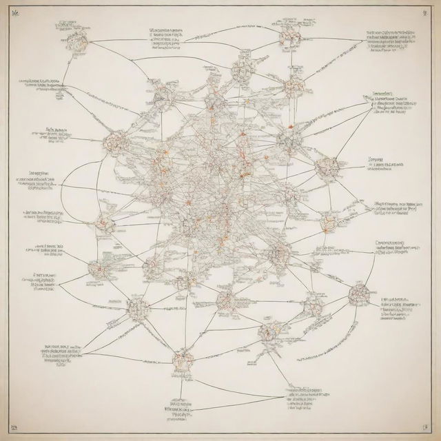 An intricate concept map with various interconnected nodes, representing ideas and their relationships.