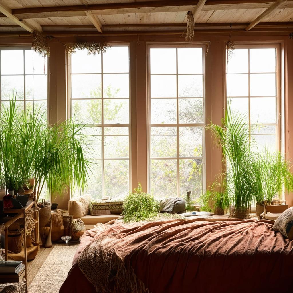 Cozy bedroom interior with natural light pouring from large windows, bohemian style decor, and lush indoor plants.