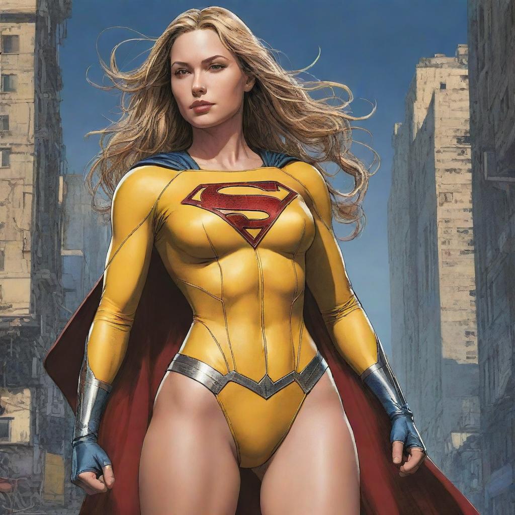 A masterpiece of Supergirl/Wonderwoman from DC comics in an alternate yellow costume, displaying the perfect anatomy. The image is full-bodied, dynamic, and highly detailed in a Kim Jung Gi inspired, cyberpunk-styled digital comic illustration. It radiates a sense of freedom and soul.