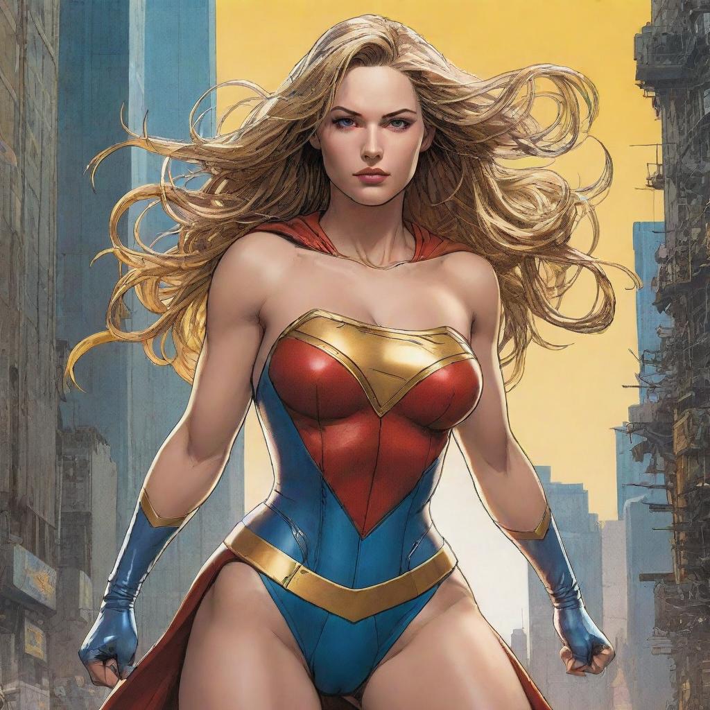 A masterpiece of Supergirl/Wonderwoman from DC comics in an alternate yellow costume, displaying the perfect anatomy. The image is full-bodied, dynamic, and highly detailed in a Kim Jung Gi inspired, cyberpunk-styled digital comic illustration. It radiates a sense of freedom and soul.