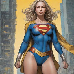 A masterpiece of Supergirl/Wonderwoman from DC comics in an alternate yellow costume, displaying the perfect anatomy. The image is full-bodied, dynamic, and highly detailed in a Kim Jung Gi inspired, cyberpunk-styled digital comic illustration. It radiates a sense of freedom and soul.