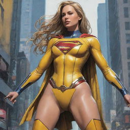 A masterpiece of Supergirl/Wonderwoman from DC comics in an alternate yellow costume, displaying the perfect anatomy. The image is full-bodied, dynamic, and highly detailed in a Kim Jung Gi inspired, cyberpunk-styled digital comic illustration. It radiates a sense of freedom and soul.