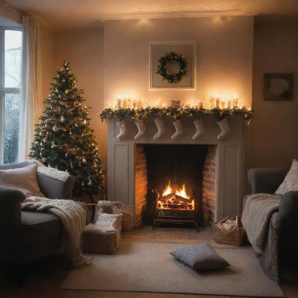 A cosy festive room without a Christmas tree, adorned instead with stockings hung on a fireplace and twinkling fairy lights casting a warm glow.