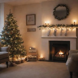 A cosy festive room without a Christmas tree, adorned instead with stockings hung on a fireplace and twinkling fairy lights casting a warm glow.