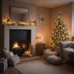 A cosy festive room without a Christmas tree, adorned instead with stockings hung on a fireplace and twinkling fairy lights casting a warm glow.