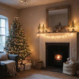 A cosy festive room without a Christmas tree, adorned instead with stockings hung on a fireplace and twinkling fairy lights casting a warm glow.