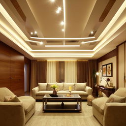 A contemporary drawing room with elegant furniture and a stylish false ceiling design, well-lit with ambient lighting.