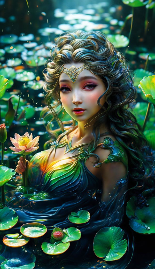 Ultra-close up CGI photograph of a tiny goddess with a detailed, intricate, and beautiful face floating down a river on a vibrant green lotus leaf, surrounded by a lush riverbank under dappled sunlight. The image is vivid, vibrant and compositionally perfect.