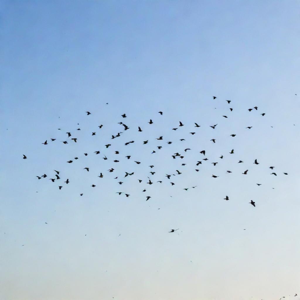 A large flock of birds in mid-flight against a clear, bright sky.