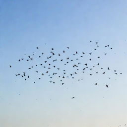 A large flock of birds in mid-flight against a clear, bright sky.