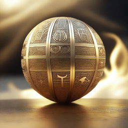 A high-quality 3D render of a golden spherical artifact