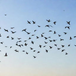 A large flock of birds in mid-flight against a clear, bright sky.