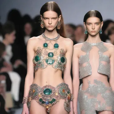 The designer showcased a collection of gemmed accessories, adding a touch of glamour to the runway.