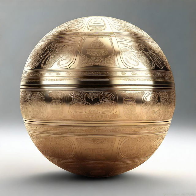 A high-quality 3D render of a golden spherical artifact