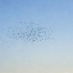 A large flock of birds in mid-flight against a clear, bright sky.