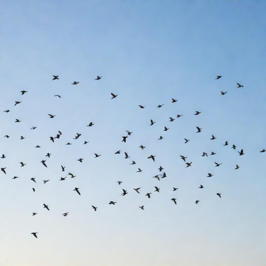 A large flock of birds in mid-flight against a clear, bright sky.