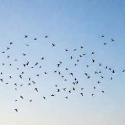 A large flock of birds in mid-flight against a clear, bright sky.